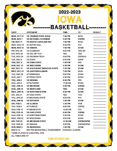 Iowa Basketball Schedule Printable