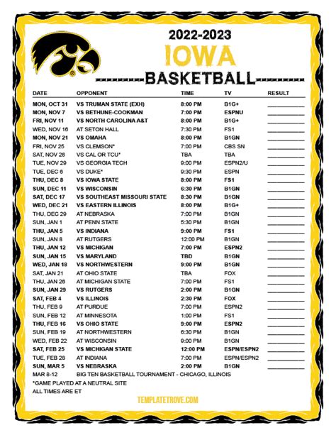 Iowa Hawkeye Basketball Printable Schedule