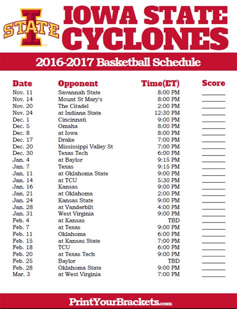 Iowa State Basketball Printable Schedule