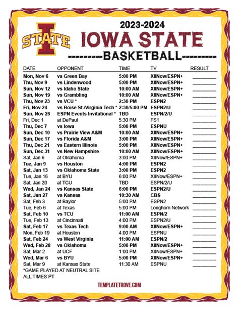 Iowa State Basketball Schedule Printable