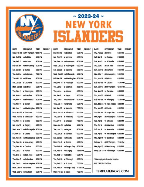 Islanders Printable Schedule