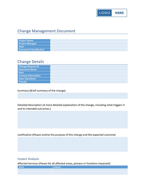 Sample change management plan template in Word and Pdf formats