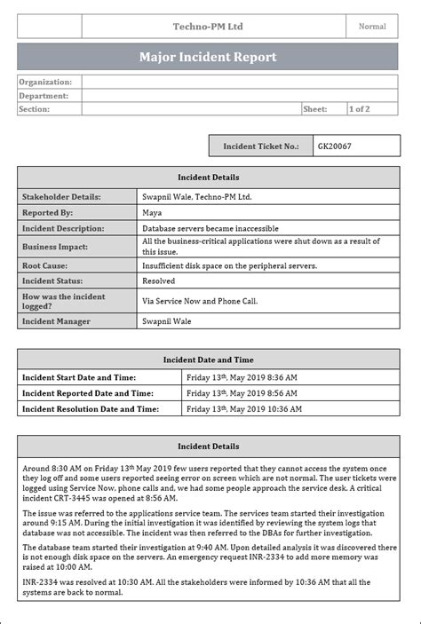 It Major Incident Report Template