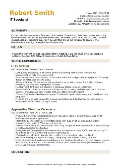 It Specialist Resume Template