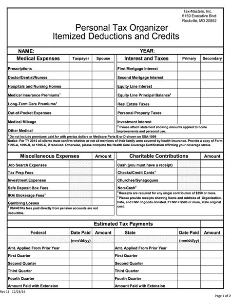 Itemized Deduction Small Business Tax Deductions Worksheet