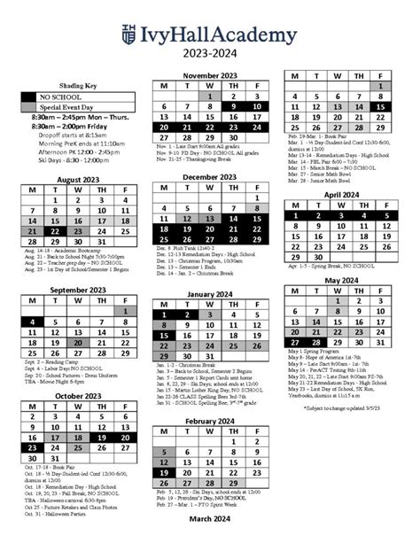 Ivy Hall Academy Calendar