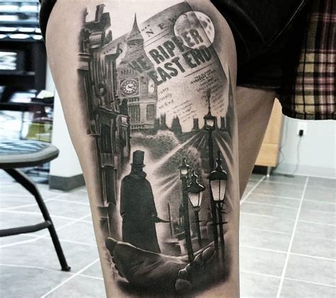 Jack the ripper Black and grey back tattoo blackandgrey