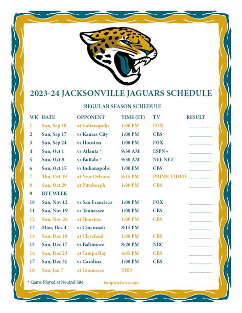 Jacksonville Jaguars 2024 Schedule Printable