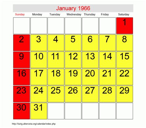 Jan 1966 Calendar