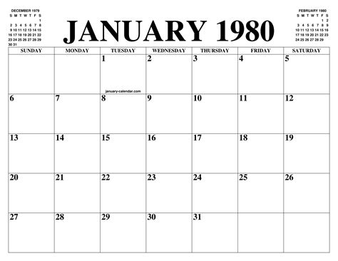 Jan 1980 Calendar