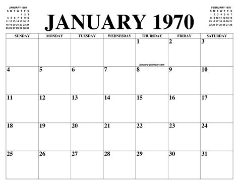 Jan 1970 Calendar
