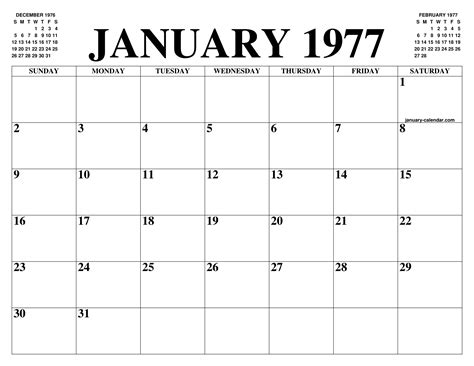 Jan 1977 Calendar