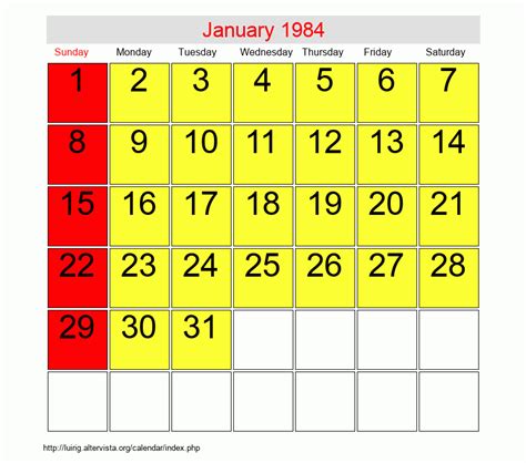 Jan 1984 Calendar