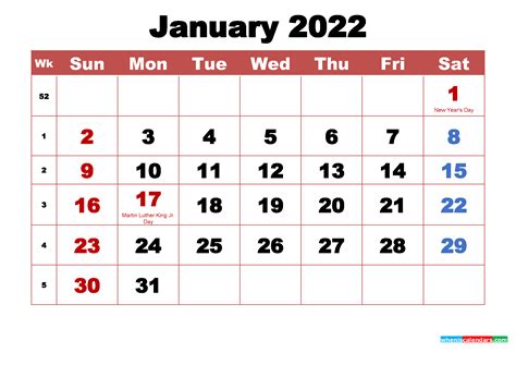 Jan 2022 Calendar Printable