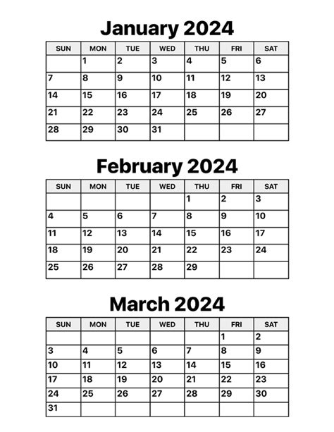Jan Feb March 2024 Calendar