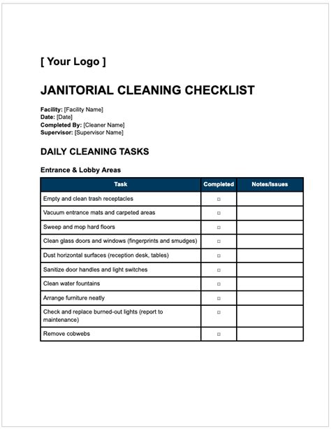 Janitorial Cleaning Checklist Template