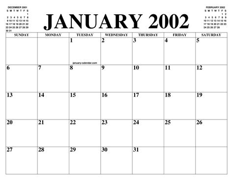 January 2002 Calendar