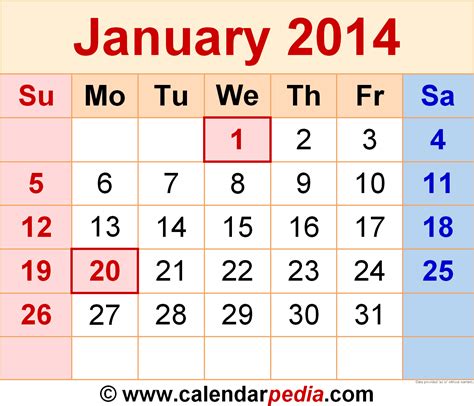 January 2014 Monthly Calendar