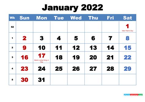 January 2022 Calendar Free Printable