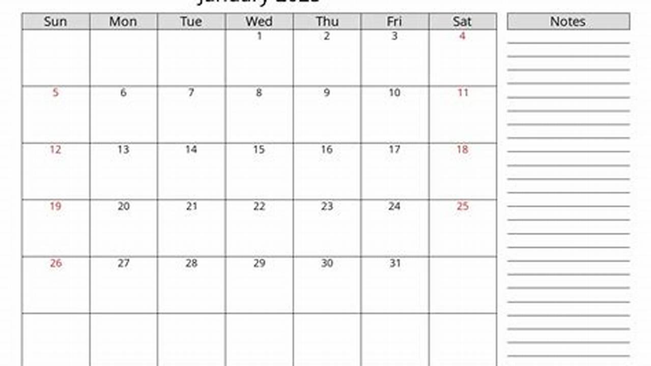 January 2025 Calendar With Notes Download