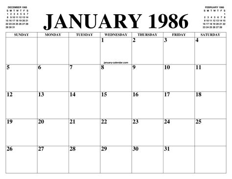 January Calendar 1986