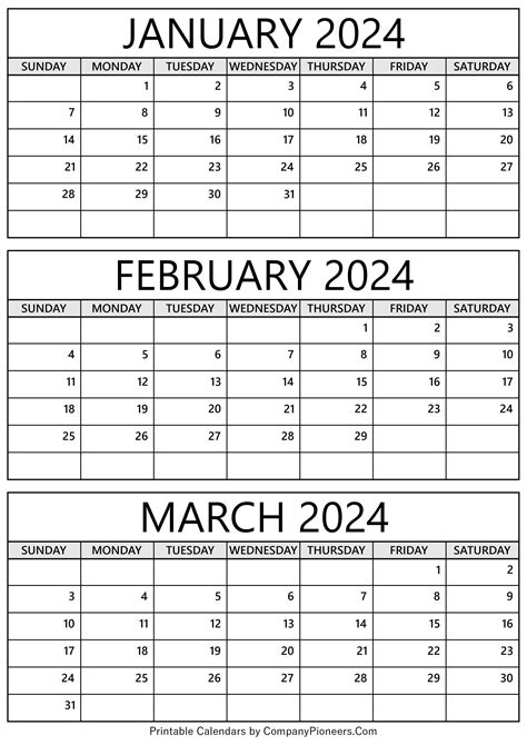January February March 2024 Calendar Printable