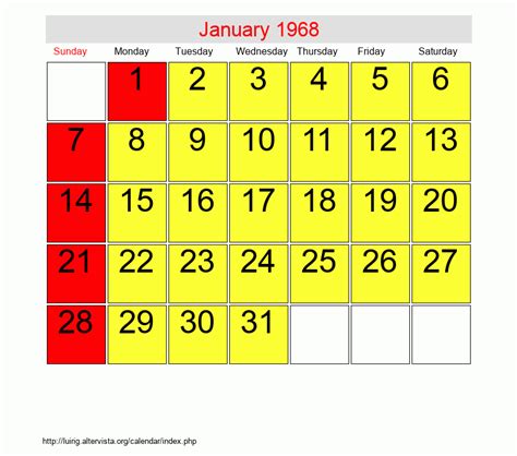 January 1968 Calendar