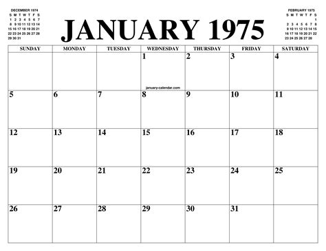January 1975 Calendar