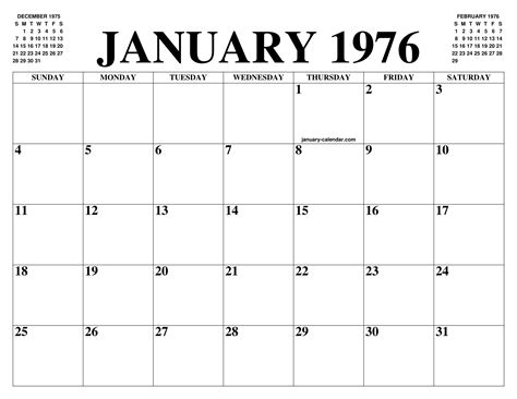 January 1976 Calendar