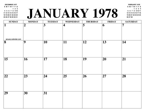 January 1978 Calendar