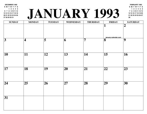 January 1993 Calendar