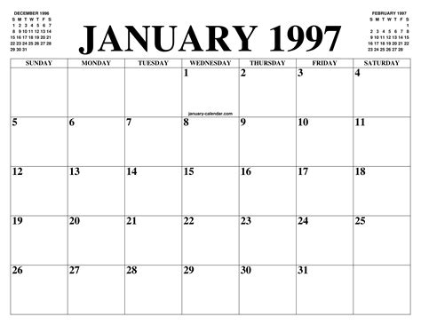 January 1997 Calendar