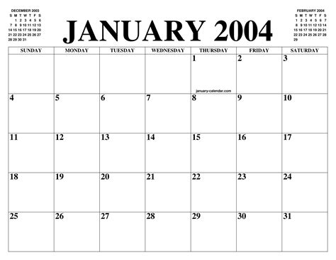 January 2004 Calendar