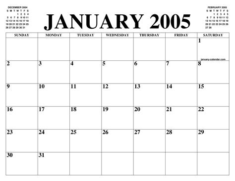 January 2005 Calendar