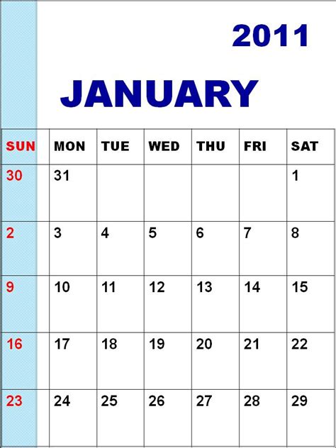 January 2011 Monthly Calendar