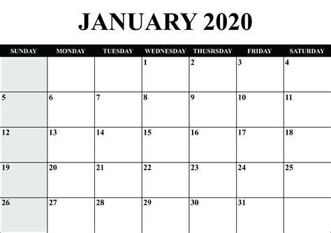 January 2020 Calendar Printable