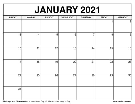 January 2021 Calendar Printable