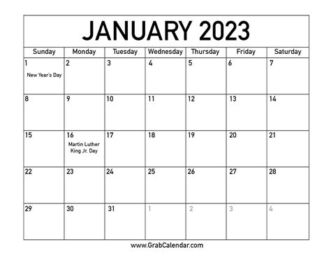 January 2023 Calendar With Holidays Printable Free