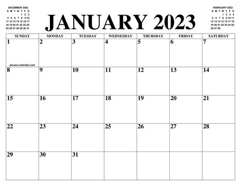 January 2023 Printable Calendar Free