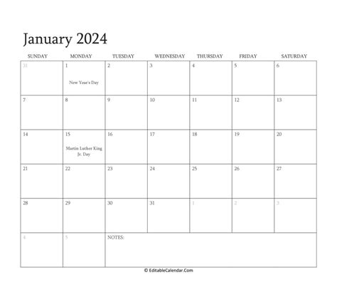 January 2024 Calendar Editable