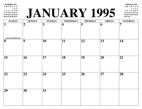 January Calendar 1995