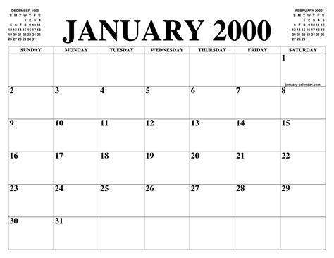 January Calendar 2000