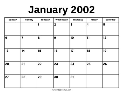 January Calendar 2002