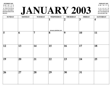 January Calendar 2003
