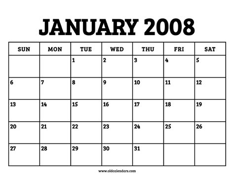 January Calendar 2008