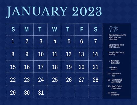 January 2023 Calendar PDF Word Excel