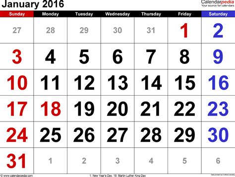 January Month Calendar 2016