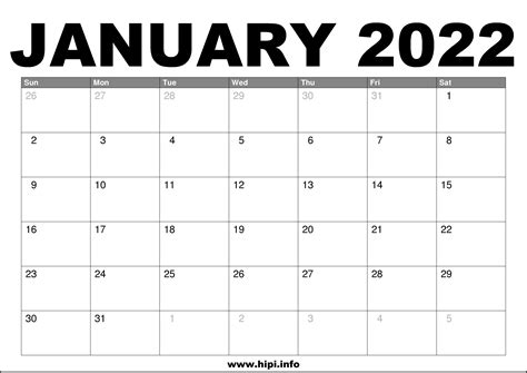 January Printable Calendar 2022