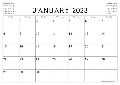 January 2023 Free Monthly Calendar