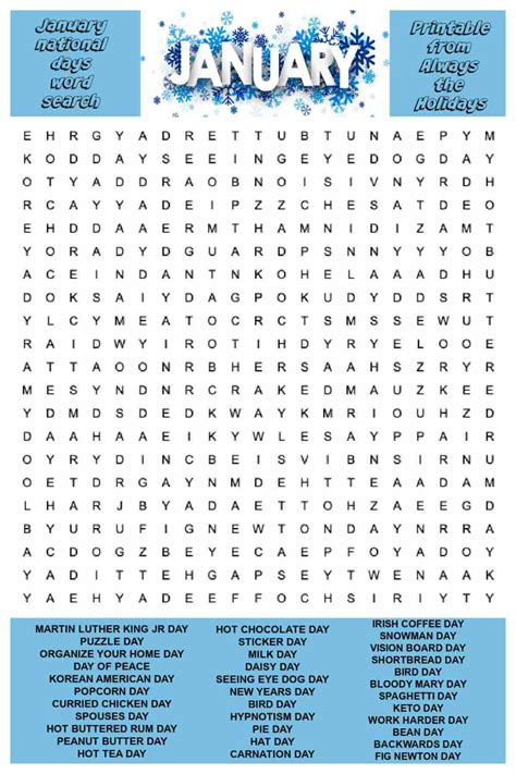 January Word Search Free Printable